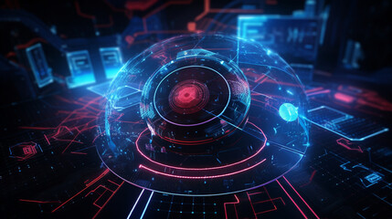 Obraz premium Futuristic digital interface with glowing red and blue holographic elements, representing an advanced artificial intelligence system