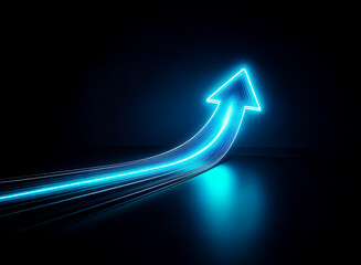 A vibrant blue arrow, illuminated with a neon glow, curves upwards against a dark backdrop, suggesting forward movement and positive direction.