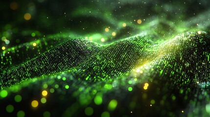 Green gold digital wave flows abstract tech landscape particle texture background. Glowing data surface futuristic design graphic illustration modern concept.