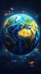 A vibrant, stylized depiction of Earth showcasing rich colors and intricate detail, emphasizing the continents and oceans, against a cosmic backdrop filled with stars.