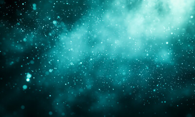 Teal bokeh lights sparkle, abstract ethereal dust particles in dark mist. Turquoise glitter texture magic dreamy background backdrop sparkle light effect.