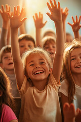 Fototapeta premium Smiling girl raising hands in enthusiastic classroom