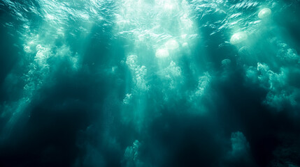 Fototapeta premium Sun rays pierce deep ocean, jellyfish float in teal depths, mystical scene. Ethereal underwater life, tranquil sea, marine wonder, deep blue.