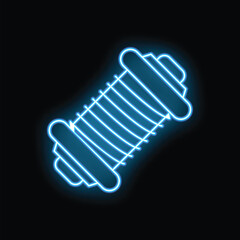 Blue neon sign showing a dumbbell on a black background, ideal for gym and fitness themed designs