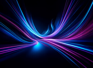 Abstract image featuring dynamic, glowing light trails in vibrant shades of blue and purple.  The flowing lines create a sense of movement and energy against a dark background.