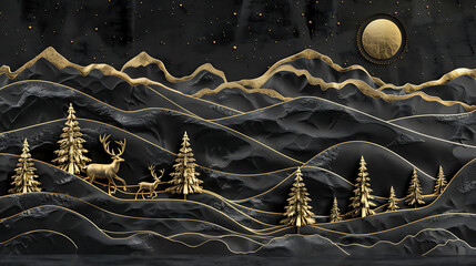 3d modern art mural wallpaper night landscape, white clouds with dark background. Golden Christmas tree, mountain, golden deer, light moon, golden and black waves. for wall decoration