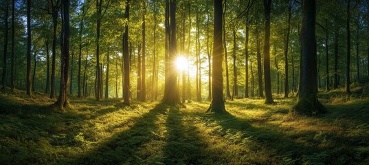 Obraz premium Sunlit Forest Sunrise, Lush Greenscape, Nature Background
