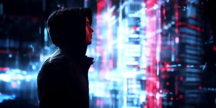 A hooded figure stands amidst a swirling vortex of digital code