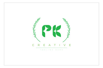 PK letters eco logo with leaf. Fresh nature and healthy leaf logo design.
