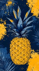 A vibrant illustration of a pineapple set against a dynamic blue and yellow background, showcasing artistic splashes and tropical palm leaf silhouettes, creating a lively mood.