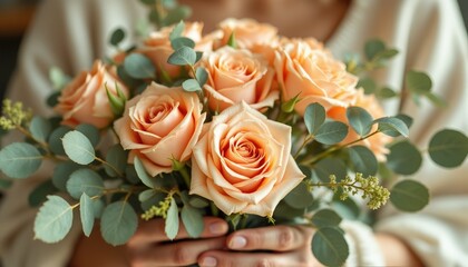 Fototapeta premium Vibrant bouquet of peach roses with eucalyptus leaves in hands Person's hands gently hold bouquet, adding a personal touch suitable for florists, event planners and gift shops