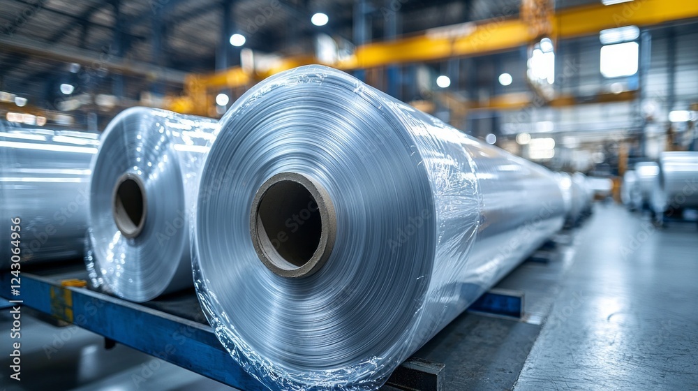 Poster in a bustling manufacturing space, large rolls of shiny metal sheets are meticulously arranged on a 