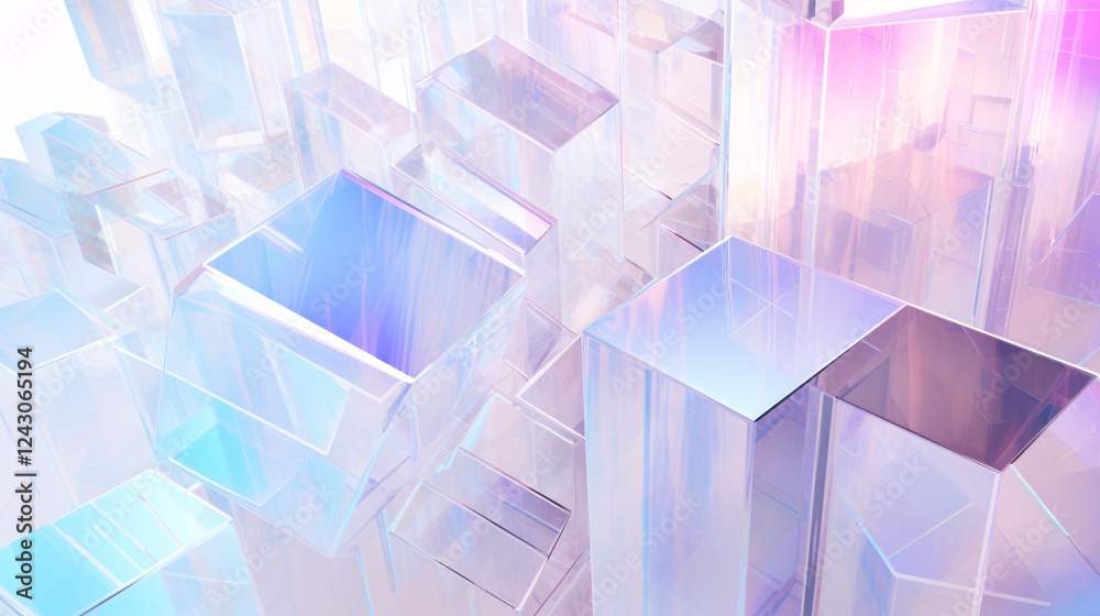 Poster A white geometric background with holographic accents, featuring cubes and boxes, ideal for high-tech presentations.

