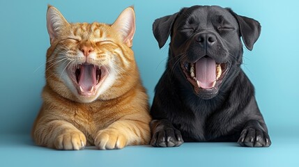 Laughing dog and cat together set against a blue backdrop