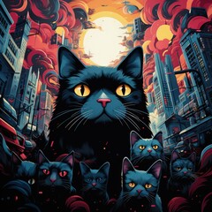 Expressive Hand-Drawn Comic Scene of a Cat Parade in Motion