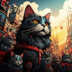 Expressive Hand-Drawn Comic Scene of a Cat Parade in Motion