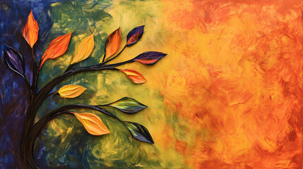Naklejka premium Colorful abstract painting featuring tree with vibrant leaves against textured background. warm hues evoke sense of autumn and nature beauty