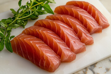 Lab-grown fish fillet on white cutting board in minimal kitchen, soft natural lighting, delicate translucent texture, fresh herbs, clean background, photorealistic, innovative eco-friendly dining.