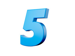 Blue shiny 3d numbers 5 or Five on white background with shadow. 3d illustration.