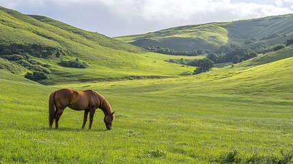 Obraz premium A peaceful horse grazing on a lush green field, with wide, open space for added design elements.