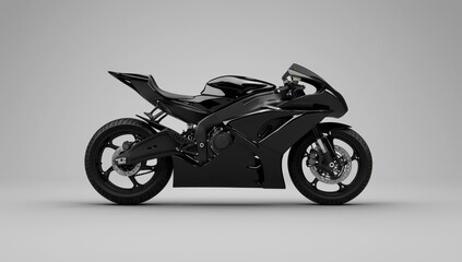 Obraz premium A black motorcycle with a modern, angular design and orange highlights, placed against a gray background, conveying speed and technological advancement