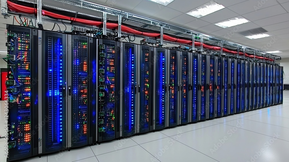Poster an in-depth look at a current data center server room filled with rows of sophisticated equipment. b