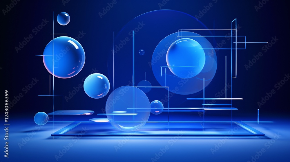 Poster Abstract 3D blue shapes of different sizes floating, creating a dynamic technology background for a website banner.

