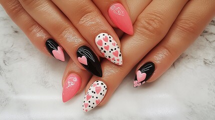 Celebrate Valentine's Day with captivating nail art. Adorn your nails with vibrant hearts and eye-catching polka dots, painted with a touch of love