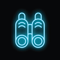 Blue neon binoculars glowing against a black background, representing concepts such as searching, discovery, and exploration