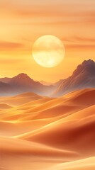 A stunning desert landscape featuring majestic sand dunes under a vibrant orange sky, with a large sun setting behind distant mountains, creating a warm and serene atmosphere.