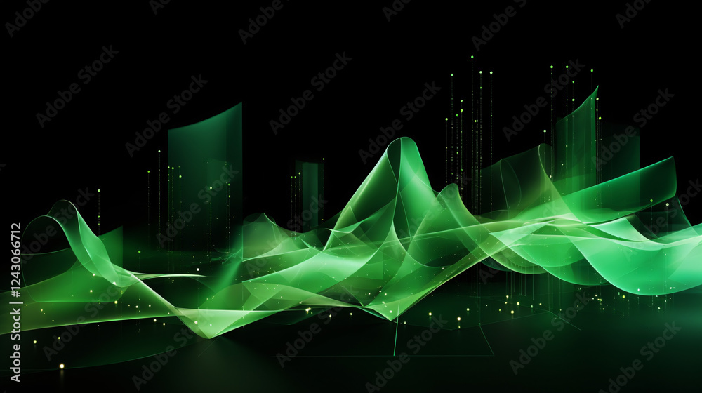 Poster Abstract 3D translucent geometry with green studio lighting, creating a sleek technology background for a website banner.

