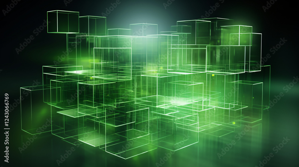Aufkleber Abstract 3D translucent geometry with green studio lighting, creating a sleek technology background for a website banner.

