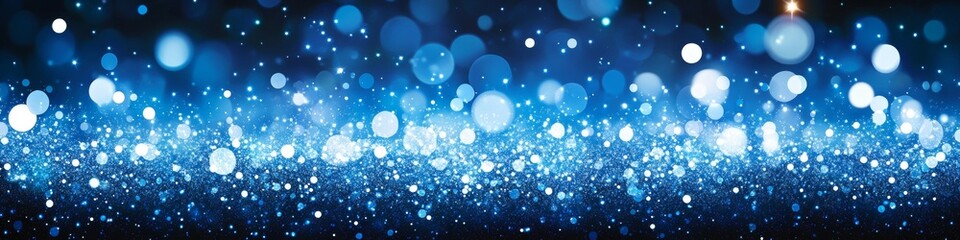 Abstract blue glitter background with bokeh circles. Shiny glowing lights for festive celebrations.