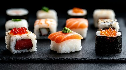 A delightful array of gourmet seafood including sushi, shrimp, salmon, and clams, presented in an elegant fashion on black plates
