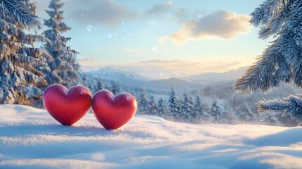 two heart at snow on fir tree winter landscape