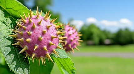 Close Up Of Two Spiky Purple Pink Fruits With Golden Thorns On Green Branch