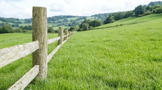 Rustic fence in green field, rolling hills background; pastoral landscape for travel brochures