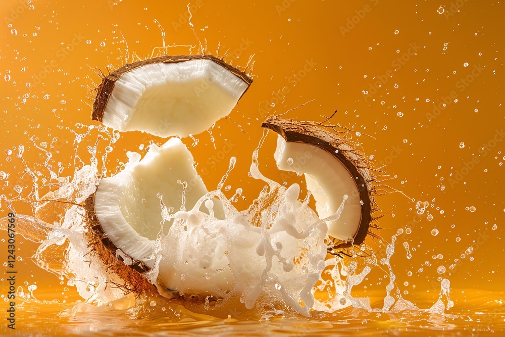 Poster coconut pieces falling into water creating a big splash on orange background