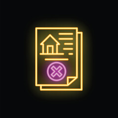 Glowing neon icon of a house purchase document being denied with a bright x
