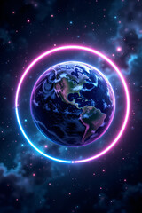 Creative digital art of Earth surrounded by neon rings in a cosmic space atmosphere