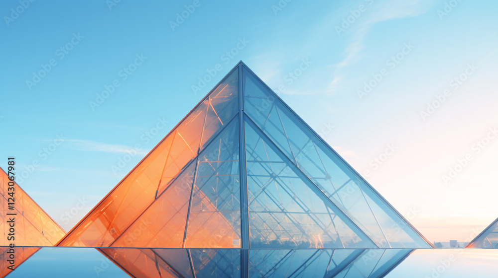Poster abstract background with blue and orange triangles and a glass pyramid, ideal for technology present