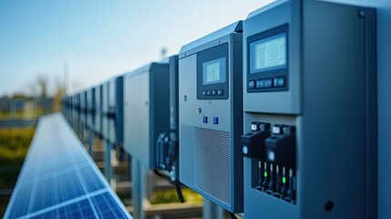Professional close-up of a solar inverter diagnostics screen, soft reflections of solar panels on the surface