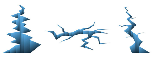 Set illustration of blue cracks with sharp, geometric edges on a white background. The image features a modern and minimalistic design, ideal for concepts related to damage, fractures, or innovative