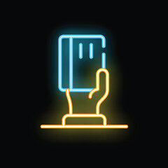 Neon sign of a hand holding a credit card, glowing blue and yellow on black background