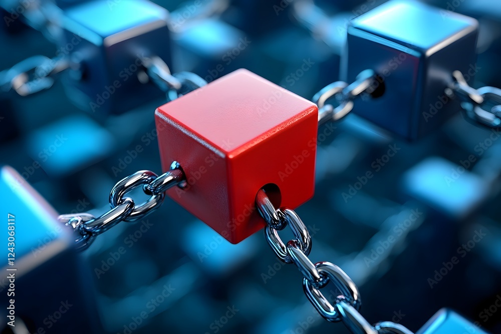 Poster abstract red cube block chain link network security digital technology concept 3d render modern desi