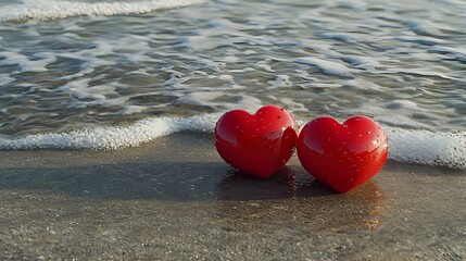 Two red hearts on the summer beach