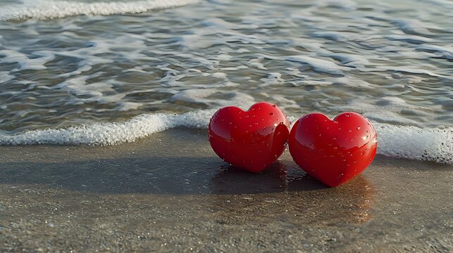 Two red hearts on the summer beach