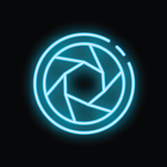 Blue neon camera shutter glowing in the dark, photography symbol