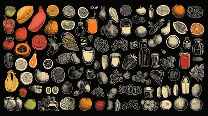Set of icons representing food and drink on dark background