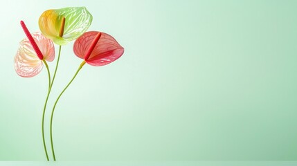 Fototapeta premium Colorful Anthurium Flowers on Light Green Background